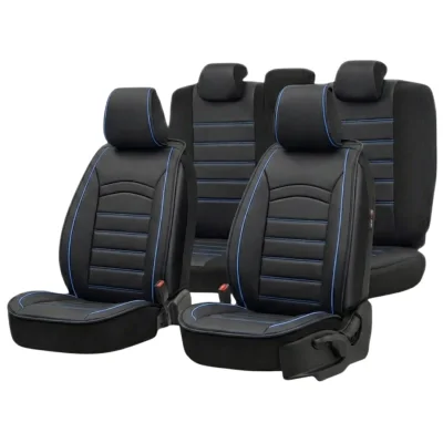 Комплект луксозна кожена тапицерия за кола, Черна кожа със син конец, Клас А