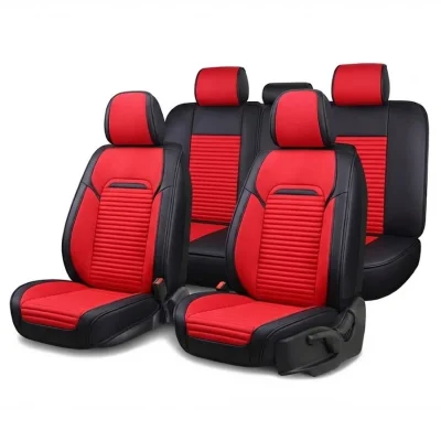 Пълен Комплект Универсална Тапицерия, Калъфи За Автомобилни Седалки Лукс Еко Кожа и Висококачествен Текстил в Черно и Червено