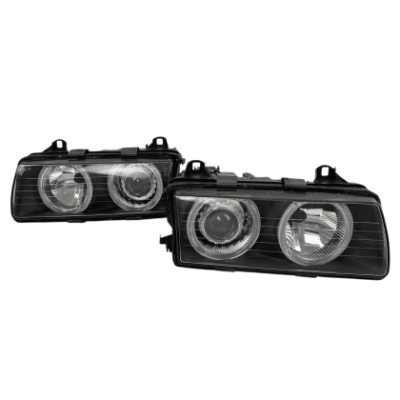 Тунинг фарове за BMW E36 (1991-1999) sedan / coupe - черни с Led angel eyes
