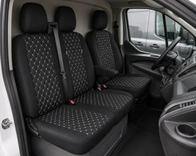 Комплект 2+1 Тапицерия за FORD TRANSIT CUSTOM 2009+ – Еко кожа, Черна с бял шев, 8 части