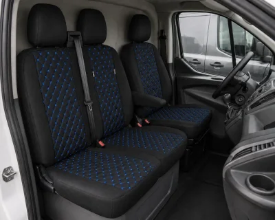 Комплект 2+1 Тапицерия за FORD TRANSIT CUSTOM 2009+ – Еко кожа, Черна със син шев, 8 части