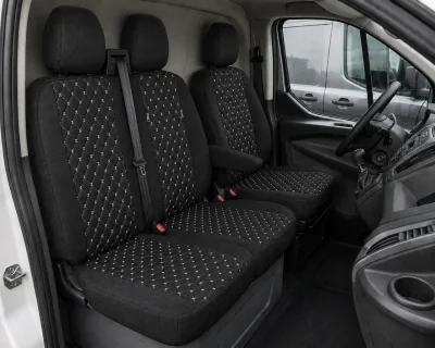 Комплект 2+1 Тапицерия за FORD TRANSIT CUSTOM 2009+ – Текстил, Черна с бял шев, 8 части