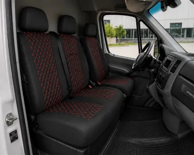 Комплект 2+1 Тапицерия за MERCEDES SPRINTER W906 2006-2018 – Еко кожа, Черна с червен шев, 8 части