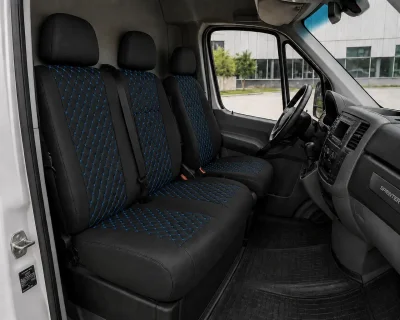 Комплект 2+1 Тапицерия за MERCEDES SPRINTER W906 2006-2018 – Еко кожа, Черна със син шев, 8 части