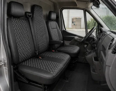 Комплект 2+1 Тапицерия за RENAULT MASTER III 2010-2019 – Еко кожа, Черна с бял шев, 6 части