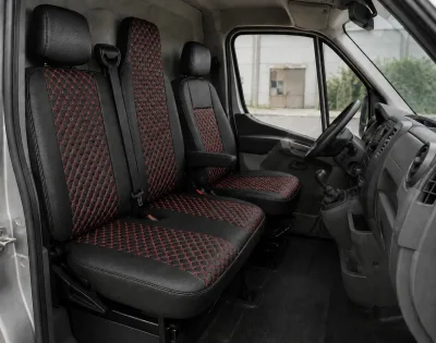 Комплект 2+1 Тапицерия за RENAULT MASTER III 2010-2019 – Еко кожа, Черна с червен шев, 6 части