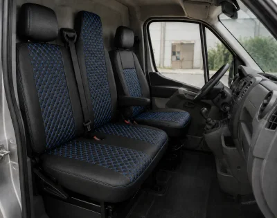 Комплект 2+1 Тапицерия за RENAULT MASTER III 2010-2019 – Еко кожа, Черна със син шев, 6 части