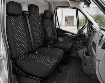 Комплект 2+1 Тапицерия за RENAULT MASTER III 2010-2019 – Текстил, Черна с бял шев, 6 части