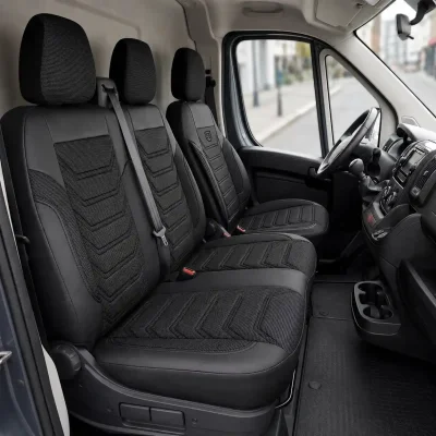 Комплект луксозна тапицерия PANDA за FIAT DUCATO / PEUGEOT BOXER / CITROEN JUMPER 2006-2024, Еко кожа и текстил, Черно/Сиво