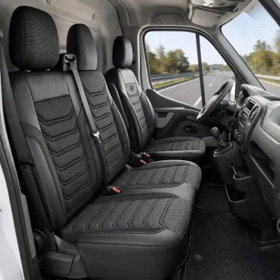 Комплект луксозна тапицерия PANDA за RENAULT MASTER III 2010-2024 / OPEL MOVANO B 2010-2021 / NISSAN NV400 2010-2021, Еко кожа и текстил, Черно/Сиво