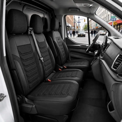 Комплект луксозна тапицерия PANDA за RENAULT TRAFIC III 2014- / OPEL VIVARO B 2014-2019, Еко кожа и текстил, Черно/Сиво