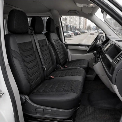 Комплект луксозна тапицерия PANDA за VW T5/T6/T7 2003 - Еко кожа и текстил, Черно/Сиво