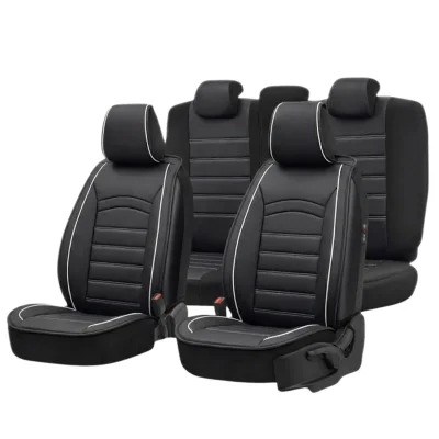 Луксозни кожени калъфи за седалки, Еко кожа с бял конец и мека PU Пяна,Предни и задни, Клас А