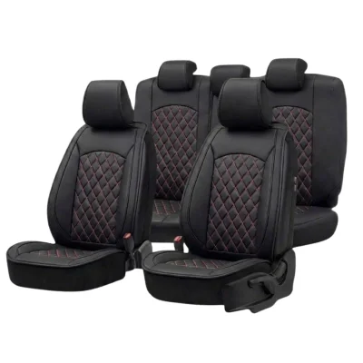 Комплект универсална автотапицерия от луксозна черна кожа / калъфи за седалки Черно с червено