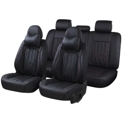 Луксозна кожена тапицерия за кола FULLCOVER, Черна кожа с червен конец, Клас А+