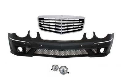 Предна тунинг броня за Mercedes W211 E-Class (2002-2009) - AMG с решетка и халогени