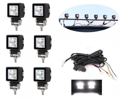 Комплект от 6 броя Лед LED Халогени Лампи с окабеляване Бяла Flood + Бяла DRL Светлина 12V - 24V за Off Road 4X4 SUV джип мотор автомобил камион гради