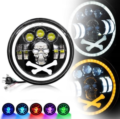 Универсален 7" LED фар 12-24V къси/дълги с DRL, мигач и череп с RGB подсветка за ATV, джип, мотоциклет и др.