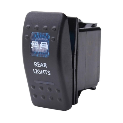 Бутон за вграждане, за LED Лед Бар, Халоген, Задни Светлини, 12V - 24V, Надпис " REAR LIGHTS", Синя Светлина