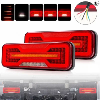 Универсални LED Стопове 12V 24V с Бягащ Мигач, Стоп, Габарит и Заден Ход E9 Сертифицирани Комплект от 2 броя