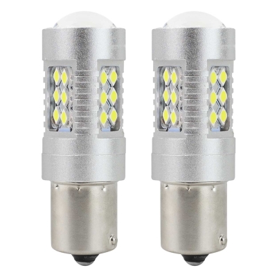 Комплект от 2 броя LED Диодни Крушки за Mигач Стоп Габарит Халоген CANBUS 3030 24SMD 1156 BA15S P21W 12V-24V Бяла Светлина в Блистер Amio
