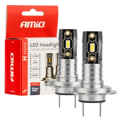 LED Крушки H7 / H18 AMiO H-Mini Series, 42W, 6500K Бяла Светлина, CANBUS, E9 R10, 12V / 24V, Комплект 2 Броя