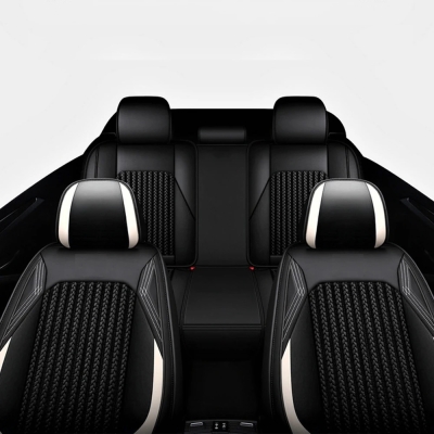 Луксозна автотапицерия кожа с текстил, Черна с бял кант за предна и задна седалка Клас А