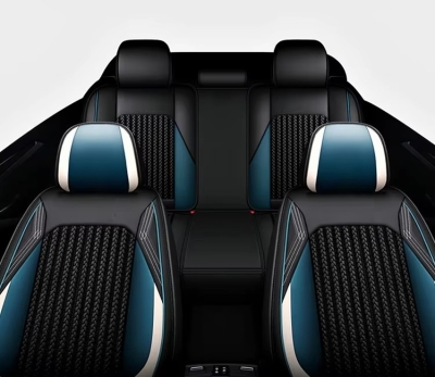 Комплект луксозна тапицерия кожа с текстил, Черна с бял и син акцент за предна и задна седалка Клас А