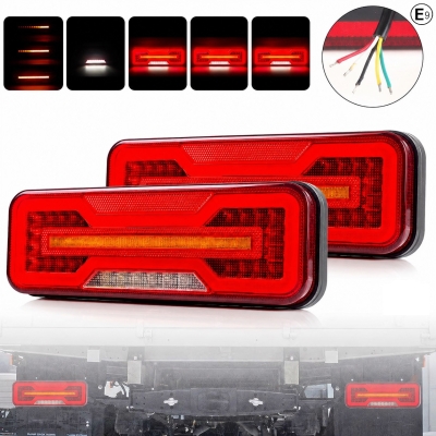 Универсални LED Стопове 12V 24V с Бягащ Мигач, Стоп, Габарит и Заден Ход E9 Сертифицирани Комплект от 2 броя