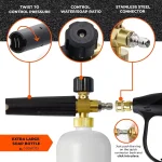 Професионална пянообразуваща дюза 1 л за водоструйка, Foam Cannon, Quick Connect 1/4" - регулиране на струята и концентрацията на пяната, 5 дюзи в комплекта