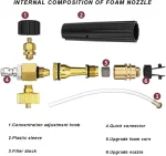 Професионална пянообразуваща дюза 1 л за водоструйка, Foam Cannon, Quick Connect 1/4" - регулиране на струята и концентрацията на пяната, 5 дюзи в комплекта