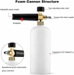 Професионална пянообразуваща дюза 1 л за водоструйка, Foam Cannon, Quick Connect 1/4" - регулиране на струята и концентрацията на пяната, 5 дюзи в комплекта