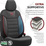 Комплект Луксозна Тапицерия OTOM текстил с еко кожа TORO Design – Черна с червен шев, за Предни и Задни Седалки