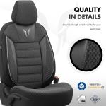 Комплект Луксозна Тапицерия OTOM текстил с еко кожа TORO Design – Черна със сив шев, за Предни и Задни Седалки