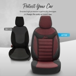 Комплект Луксозна Тапицерия OTOM текстил с еко кожа LINE Design – Черна с червен шев, за Предни и Задни Седалки