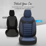 Комплект Луксозна Тапицерия OTOM текстил с еко кожа LINE Design – Черна със син шев, за Предни и Задни Седалки