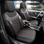 Комплект Луксозна Тапицерия OTOM текстил с еко кожа CARBON Design – Черна с червен шев, за Предни и Задни Седалки