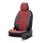 Комплект Луксозна Тапицерия OTOM текстил с еко кожа THRONE Design – Червено-Черна с черен шев, за Предни и Задни Седалки