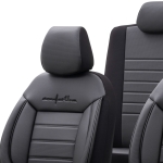 Комплект Луксозна Тапицерия OTOM текстил с еко кожа COMFORT LINE Design – Черна с черен шев, за Предни и Задни Седалки