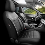 Комплект Луксозна Тапицерия OTOM текстил с еко кожа COMFORT LINE Design – Черна с бял шев, за Предни и Задни Седалки