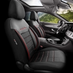 Комплект Луксозна Тапицерия OTOM текстил с еко кожа COMFORT LINE Design – Черна с червен шев, за Предни и Задни Седалки