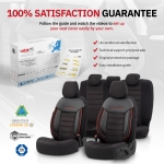 Комплект Луксозна Тапицерия OTOM текстил с еко кожа COMFORT LINE Design – Черна с червен шев, за Предни и Задни Седалки
