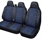 Комплект 2+1 Универсална тапицерия за предни седалки на бус от еко кожа със слят подглавник - черна със син шев