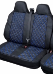 Комплект 2+1 Универсална тапицерия за предни седалки на бус от еко кожа със слят подглавник - черна със син шев