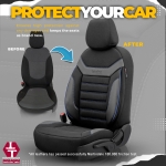 Комплект Луксозна Тапицерия OTOM текстил с еко кожа INDIVIDUAL Design – Черна със син шев, за Предни и Задни Седалки